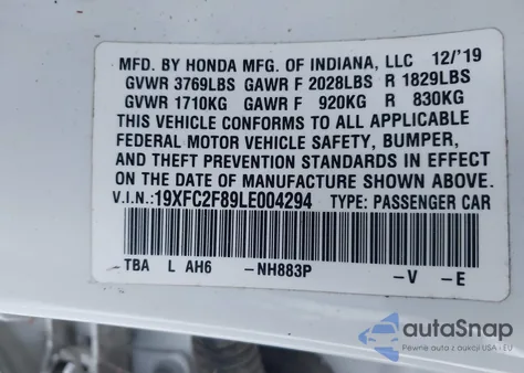 2020 Honda Civic Sport z USA, uszkodzony, nr VIN 19XFC2F89LE004294